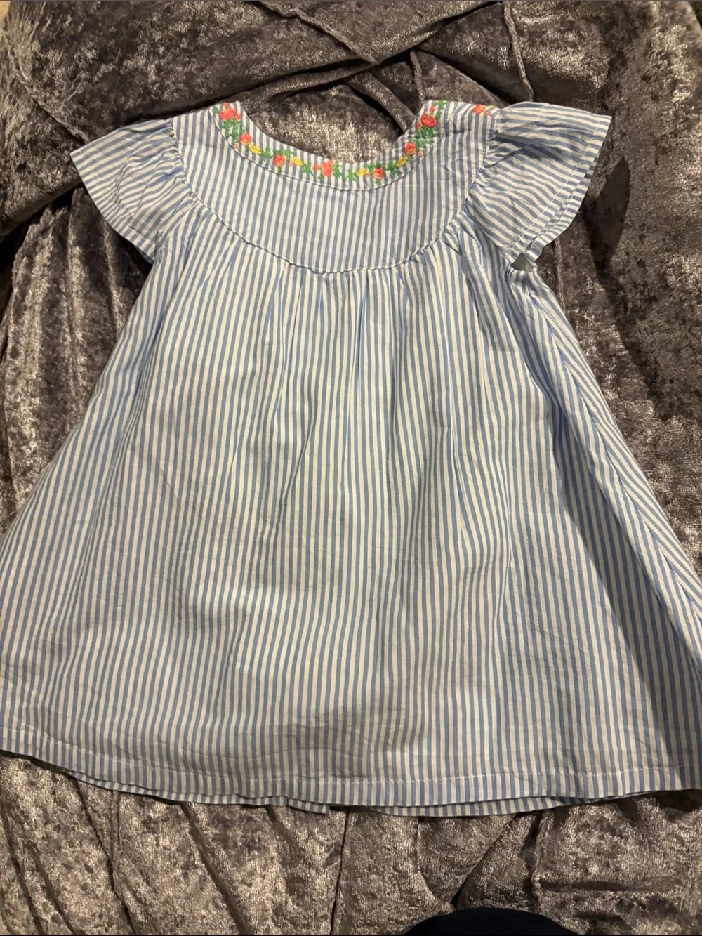 GAP Blue & White Striped Dress with Floral Embroidery